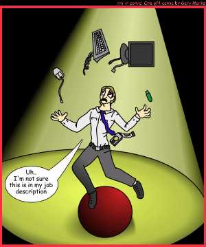 Remove R Comic (aka rm -r comic), by Gary Marks:Bouncy ball 
Dialog: 
Where's my other ball? I blame my one ball on laser mice. 
 
Panel 1 
Gary Marks:Uh.. I'm not sure this is in my job description 