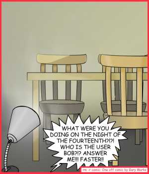 Remove R Comic (aka rm -r comic), by Gary Marks:Querying the table 
Dialog: 
Just another reason DBAs think I'm nuts. 
 
Panel 1 
Gary: WHAT WERE YOU DOING ON THE NIGHT OF THE FOURTEENTH?!?! WHO IS THE USER BOB?!? ANSWER ME!!! FASTER!! 