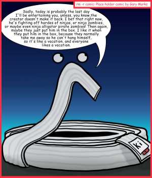 Remove R Comic (aka rm -r comic), by Gary Marks:Summer Camp 2013 3 of 3 
Dialog: 
I like it when I'm in the box. 
 
Panel 1 
Floppy: Sadly, today is probably the last day I'll be entertaining you, unless, you know, the creator doesn't make it back. I bet that right now, he's fighting off hordes of ninjas, or ninja zombies, or maybe even ninja alligator pirate zombies!  Then again, maybe they just put him in the box. I like it when they put him in the box, because they normally take me away so he can't hang himself, so it's like a vacation, and everyone likes a vacation.