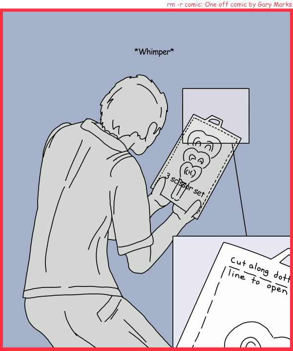 Remove R Comic (aka rm -r comic), by Gary Marks: Cutting edge 
Dialog: 
Panel 1 
Sound effect: *Whimper* 
Package: 3 scissor set 
Panel 2 
Package: Cut along dotted line to open 
Package: Cut along dott line to open 
