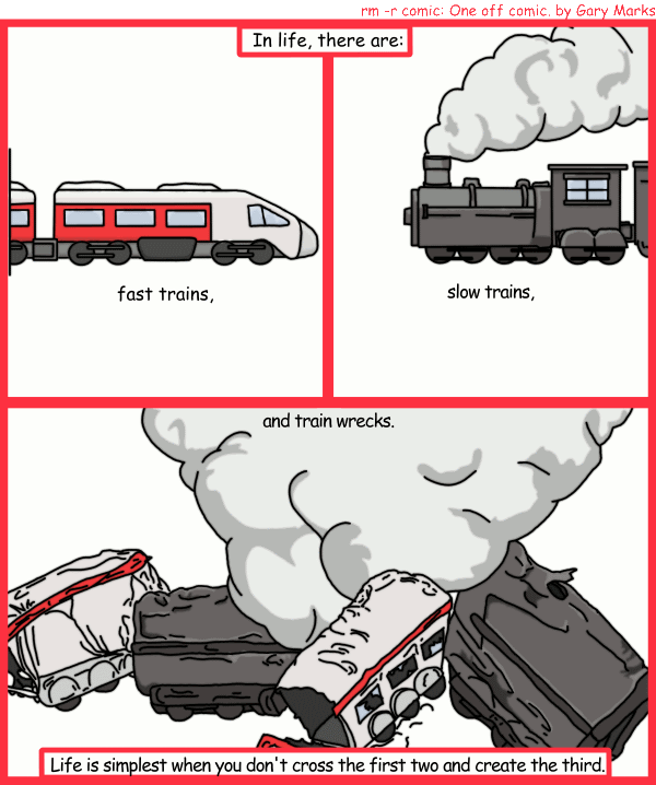 Remove R Comic (aka rm -r comic), by Gary Marks: If train A travels at 300mph 
Dialog: 
Caption: In life there are: 
Panel 1 
Caption: fast trains, 
Panel 2 
Caption: slow trains, 
Panel 3 
Caption: and train wrecks. Life is simplest when you don't cross the first two and create the third. 
