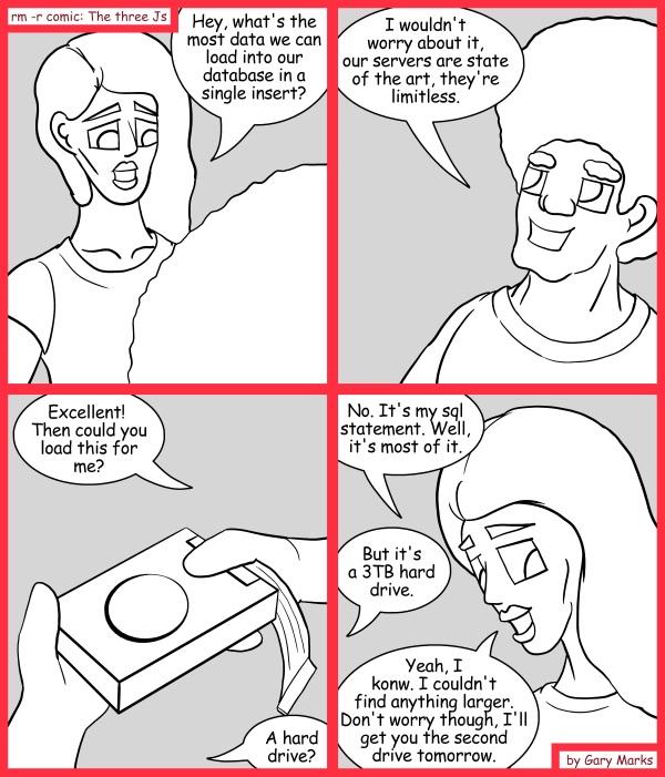 Remove R Comic (aka rm -r comic), by Gary Marks: Insert it all 
Dialog: 
You want a hard drive? I'll show you a hard drive, North Yungas Road. 
 
Panel 1 
Sally: Hey, what's the most data we can load into our database in a single insert? 
Panel 2 
Jase: I wouldn't worry about it, our servers are state of the art, they're limitless. 
Panel 3 
Sally: Excellent! Then could you load this for me? 
Jase: A hard drive? 
Panel 4 
Sally: No. It's my sql statement. Well, it's most of it. 
Jase: But it's a 3TB hard drive. 
Sally: Yeah, I know. I couldn't find anything larger. Don't worry though, I'll get you the second drive tomorrow. 